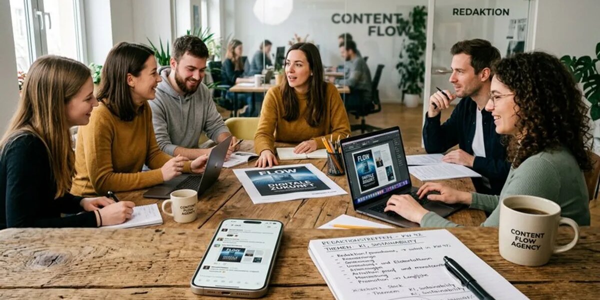 Content-Agentur Team am Redaktionstisch für Unternehmensmagazin