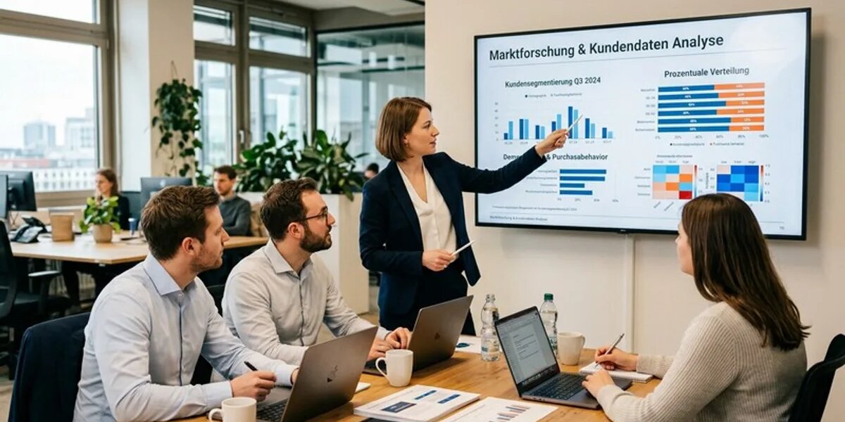 Marktforschungs-Team präsentiert Kundendaten-Analyse im Büro