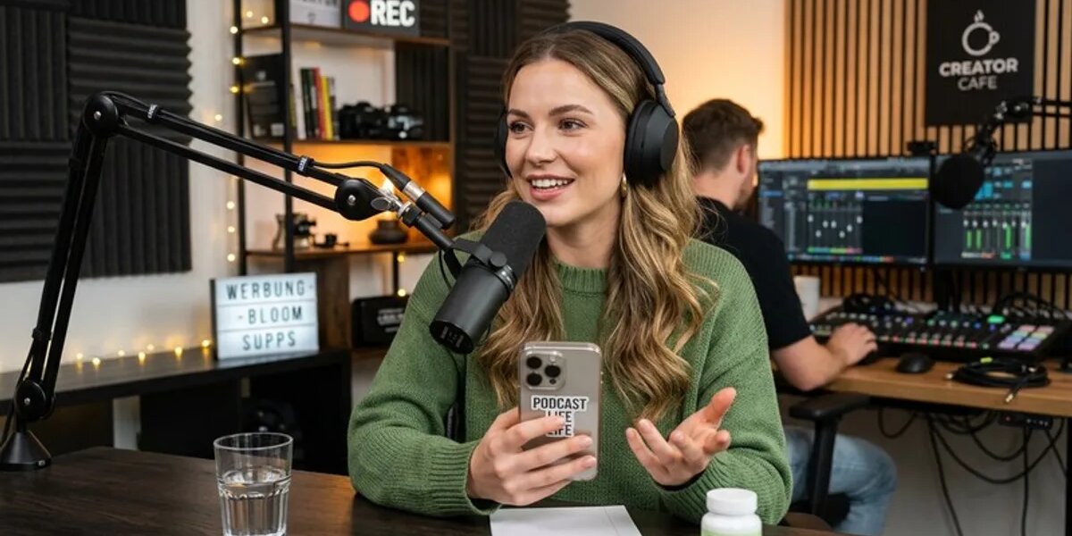 Influencer nimmt Podcast-Werbung im Studio am Mikrofon auf