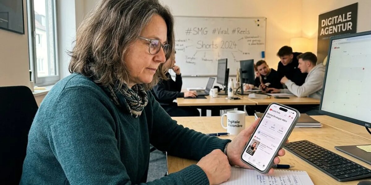 Frau in Social-Media-Agentur erstellt YouTube-Shorts-Strategie