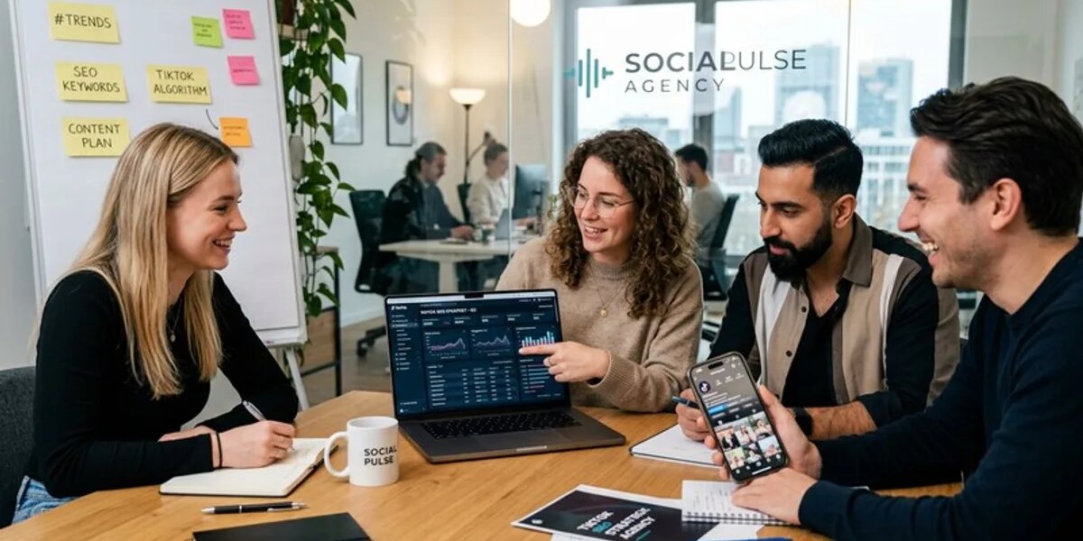 Social-Media-Agentur-Team entwickelt TikTok-SEO-Strategie am Laptop