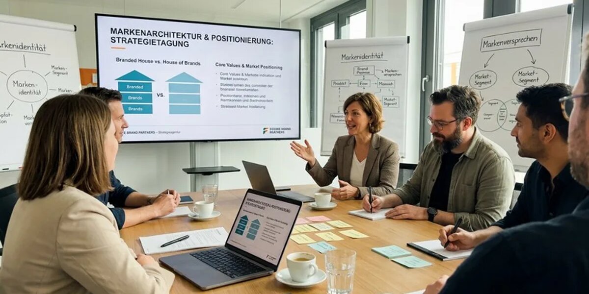 Strategieagentur-Team in Konferenz zu Brand-Architektur und Positionierung