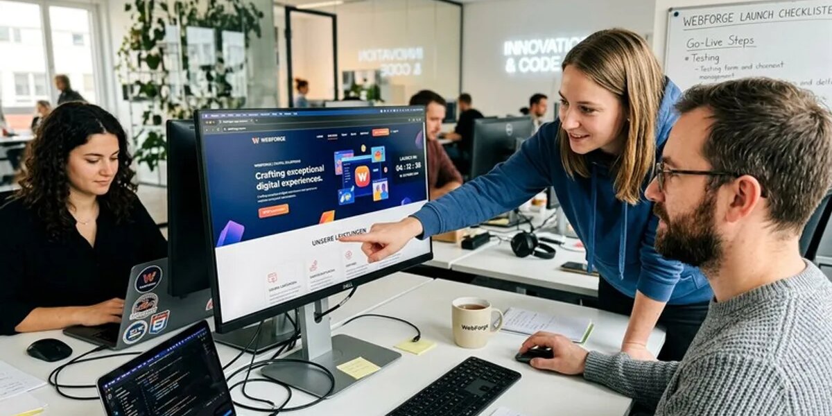 Webentwicklungs-Agentur-Team bereitet Website-Launch am Monitor vor